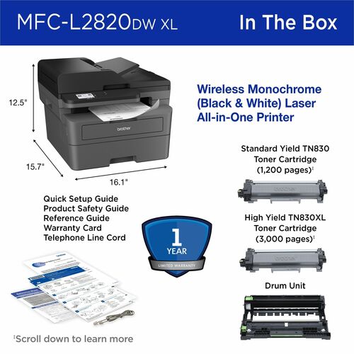 Brother MFC-L2820DWXL Wireless Laser Multifunction Printer -