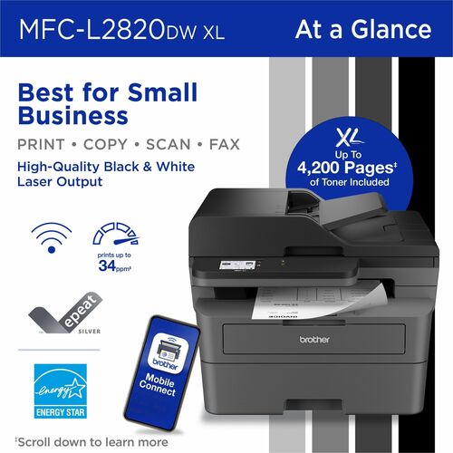 Brother MFC-L2820DWXL Wireless Laser Multifunction Printer -