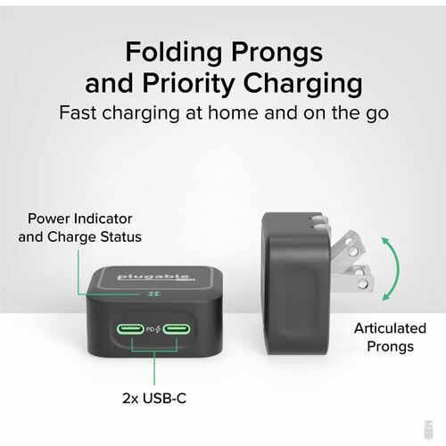 Plugable Dual USB C Wall Charger, 40W Foldable 2