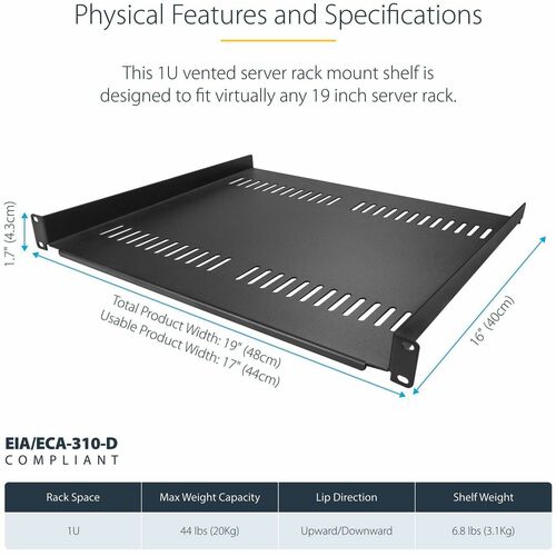 Étagère pour rack de serveur 1U StarTech.com - Étagère fixe en porte-à-faux de 40,6 cm de profondeur