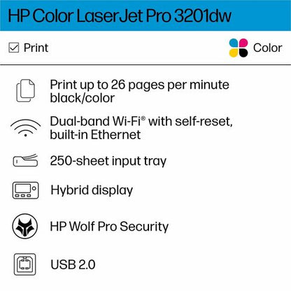 Impresora láser LaserJet Pro 3201 CLR P/S/C/F ENET USB WL 600x600 512 MB 35 ppm