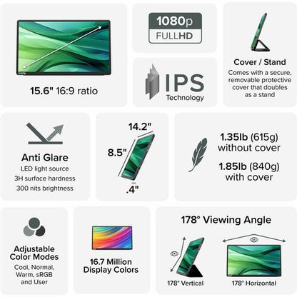 Plugable USB C Portable Monitor 15.6 Inch, 100W Pass