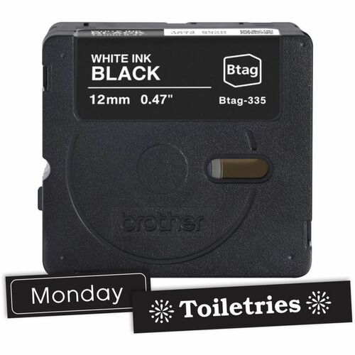 Cinta de etiquetas Brother P-touch BTAG-335 blanca sobre negra - 15/32" (12 mm) de ancho x 13