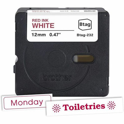 Cinta de etiquetas Brother P-touch BTAG-232 roja sobre blanca - 15/32\" (12 mm) de ancho x 13 1/