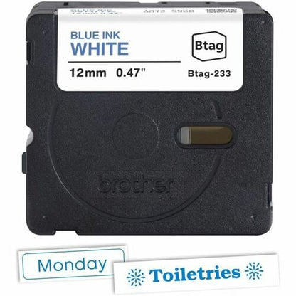 Brother P-touch BTAG-233 Blue on White Label Tape - 15/32\" (12 mm) Width x 13 1