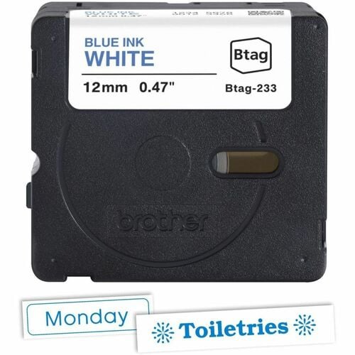 Brother P-touch BTAG-233 Blue on White Label Tape - 15/32\" (12 mm) Width x 13 1