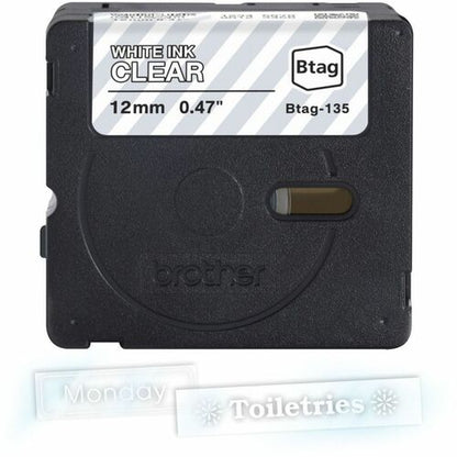 Cinta de etiquetas Brother P-touch BTAG-135 blanca sobre transparente - 15/32" (12 mm) de ancho x 13