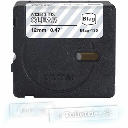 Cinta de etiquetas Brother P-touch BTAG-135 blanca sobre transparente - 15/32" (12 mm) de ancho x 13