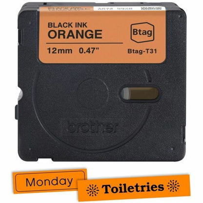 Cinta de etiquetas Brother P-touch BTAG-T31, negra sobre naranja, 12 mm (15/32") de ancho x 13