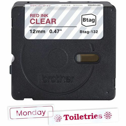 Cinta de etiquetas Brother P-touch BTAG-132 roja sobre transparente - 15/32\" (12 mm) de ancho x 13 1/