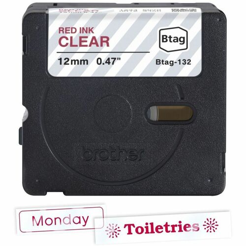 Cinta de etiquetas Brother P-touch BTAG-132 roja sobre transparente - 15/32\" (12 mm) de ancho x 13 1/