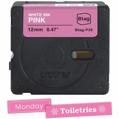 Cinta de etiquetas Brother P-touch BTAG-P35 blanca sobre rosa - 15/32" (12 mm) de ancho x 13 1
