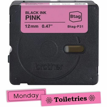 Ruban d'étiquettes noir sur rose Brother P-touch BTAG-P31 - 15/32" (12 mm) de largeur x 13 1