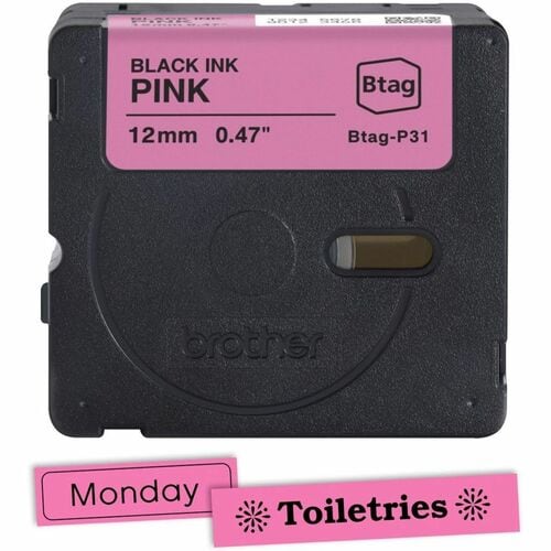 Ruban d'étiquettes noir sur rose Brother P-touch BTAG-P31 - 15/32" (12 mm) de largeur x 13 1
