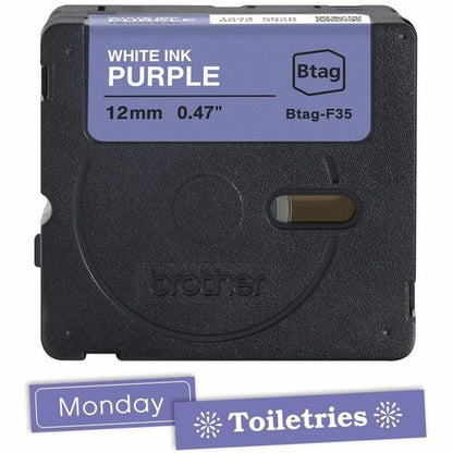 Cinta de etiquetas Brother P-touch BTAG-F35 blanca sobre violeta - 15/32" (12 mm) de ancho x 13