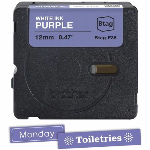 Cinta de etiquetas Brother P-touch BTAG-F35 blanca sobre violeta - 15/32" (12 mm) de ancho x 13