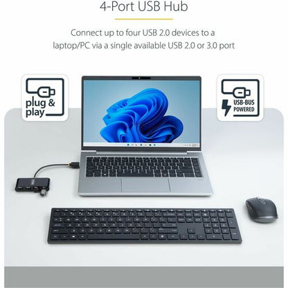 StarTech.com 4-Port USB 2.0 Hub, USB Bus Powered, Small Travel Mini USB Hub, Multi