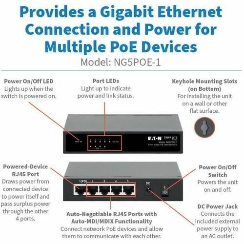 Escritorio de 5 puertos con alimentación PoE de 10/100/1000 MBPS y GB Ethernet