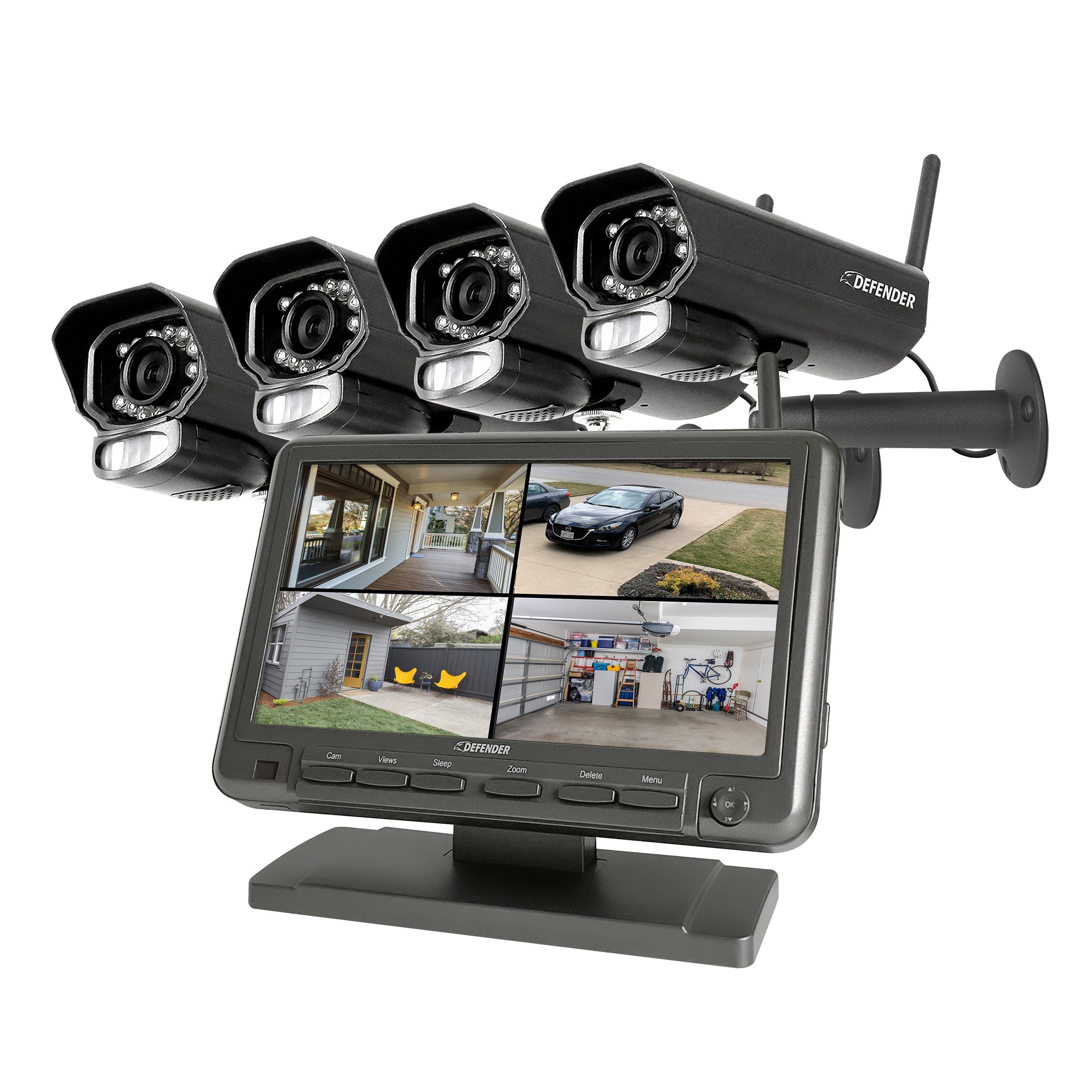 Sistema de seguridad enchufable Defender PhoenixM2 sin Wi-Fi con 4 cámaras y monitor LCD de 7 pulgadas (PHOENXIM24C)