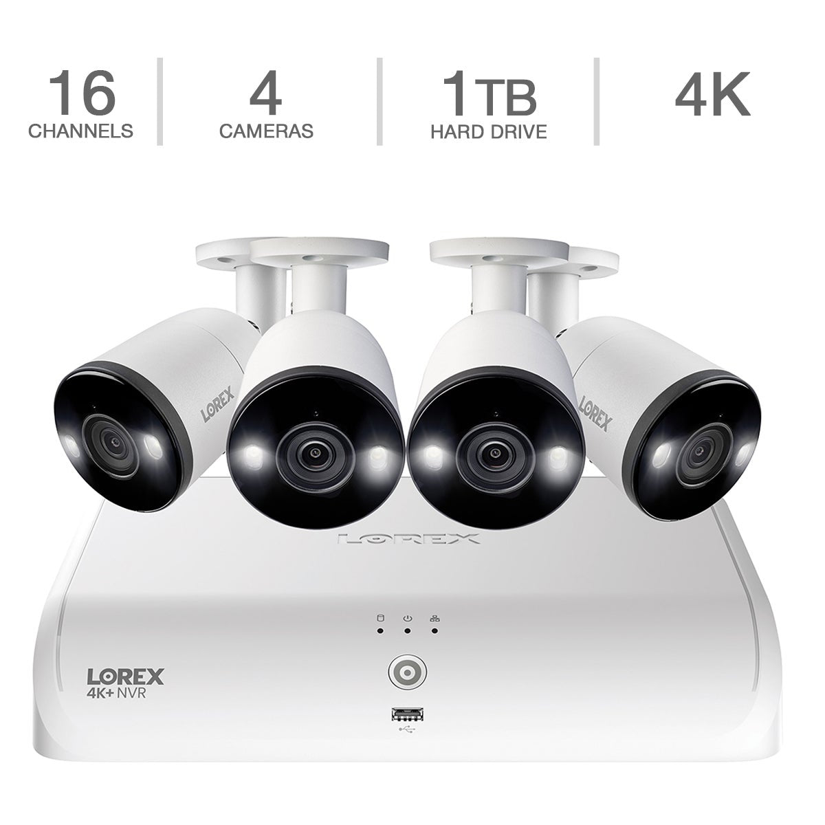 Sistema NVR cableado Lorex Fusion 4K de 16 canales y 1 TB con 4 cámaras de disuasión inteligente (TN910618A4-F)