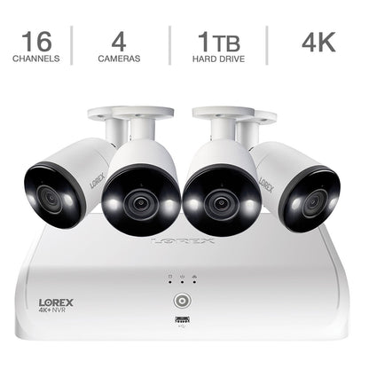 Sistema NVR cableado Lorex Fusion 4K de 16 canales y 1 TB con 4 cámaras de disuasión inteligente (TN910618A4-F)