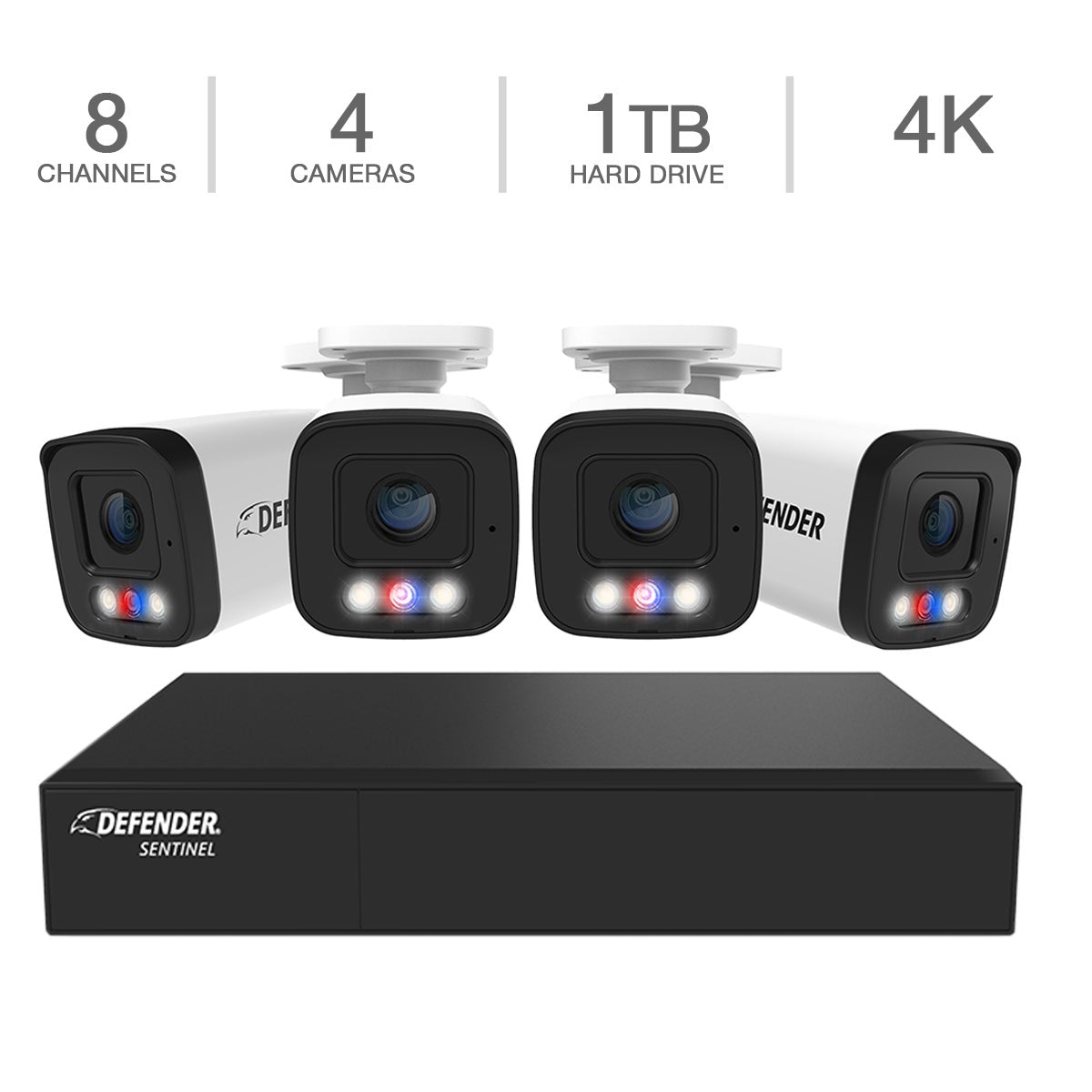 Système de sécurité NVR filaire 8 canaux POE Defender AI POWERED Sentinel 4K Ultra HD avec 4 caméras métalliques et disque dur 1 To (NS8B4A-1T)