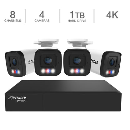 Système de sécurité NVR filaire 8 canaux POE Defender AI POWERED Sentinel 4K Ultra HD avec 4 caméras métalliques et disque dur 1 To (NS8B4A-1T)