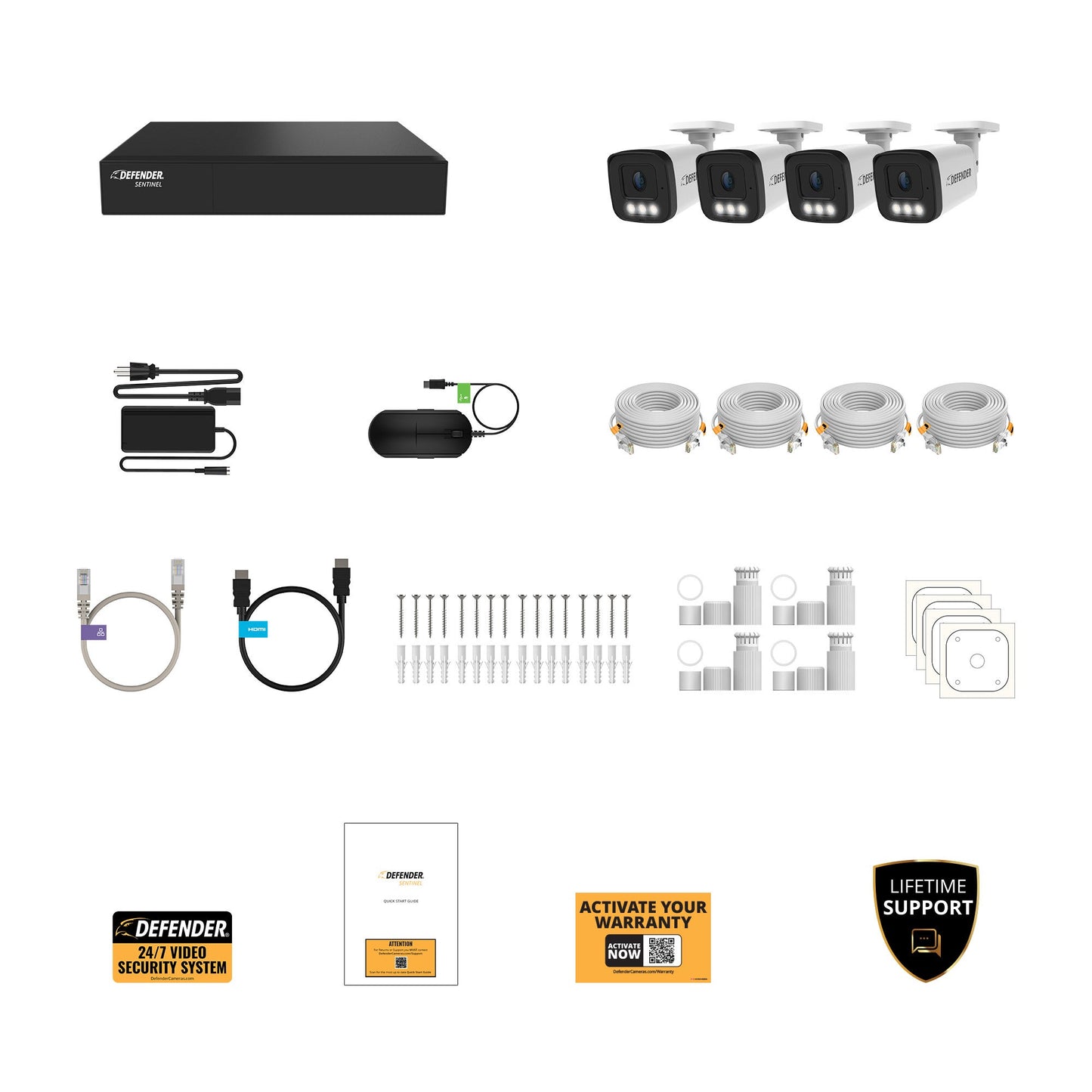 Système de sécurité NVR filaire 8 canaux POE Defender AI POWERED Sentinel 4K Ultra HD avec 4 caméras métalliques et disque dur 1 To (NS8B4A-1T)