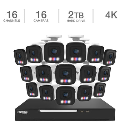 Système de sécurité NVR filaire 16 canaux PoE Sentinel 4K Ultra HD Defender AI POWERED avec 16 caméras métalliques et disque dur 2 To (NS16B16A-2T)