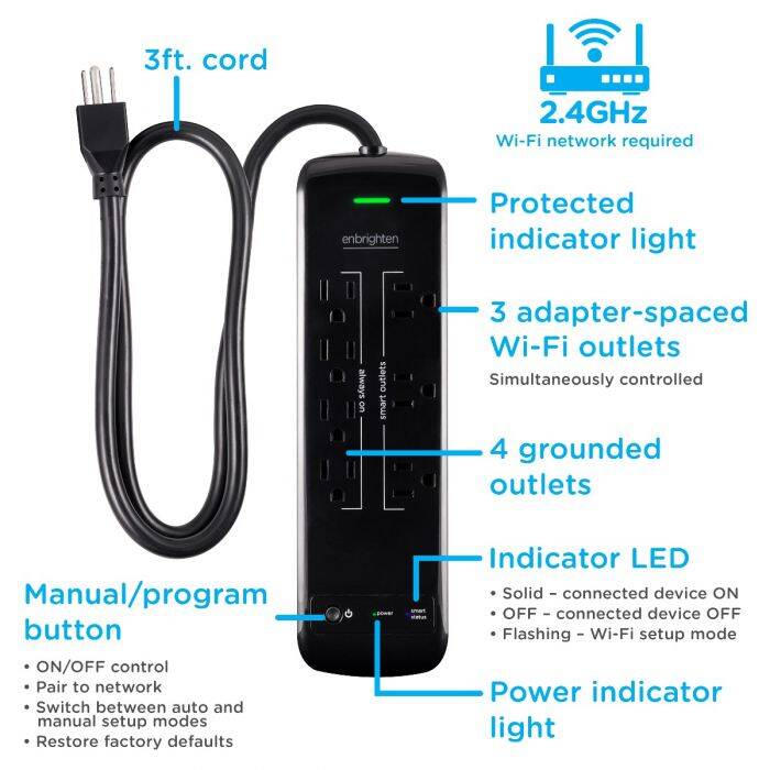 Enbrighten WiFi Controlled Surge Protector Power Bar, 3 FT Extension Cord, Black (54525)