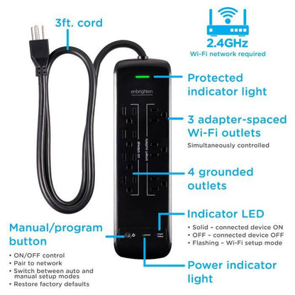 Enbrighten WiFi Controlled Surge Protector Power Bar, 3 FT Extension Cord, Black (54525)