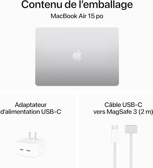 FR Apple 2024 MacBook Air 15-inch Laptop Apple M3 - 16GB RAM, 256 GB SSD Silver French