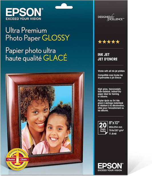 PAPEL FOTOGRÁFICO BRILLANTE PREMIUM ULTRA DE 20 HOJAS DE 8 10 PULGADAS PARA IMPRESORAS AIO