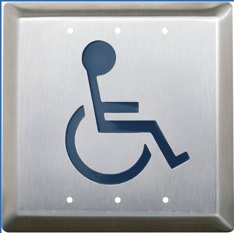 Camden 4.5" Square Push Plate Switch, Wheelchair Symbol Blue, Concealed Screws (CM-45/2)