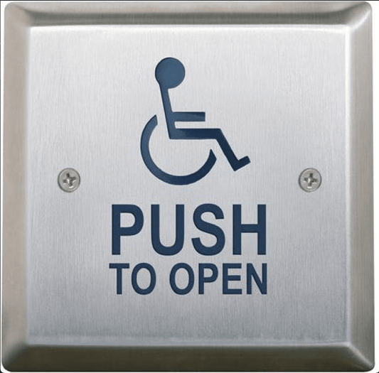 Camden Square 4.5 Plush Plate Switch, WHEELCHAIR' symbol and 'PUSH TO OPEN' (CM-46/4)