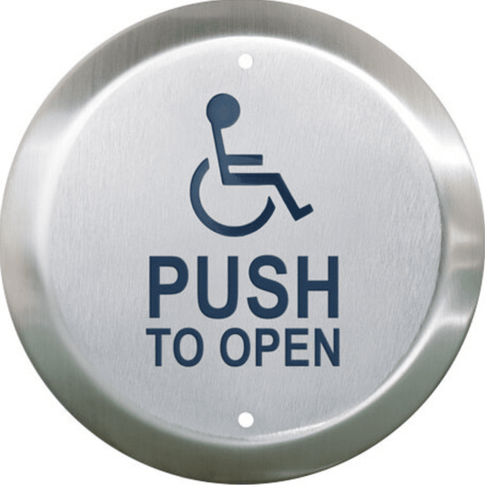 Camden 6 " Round Push Plate Switch, WHEELCHAIR/PUSH OPEN, Blue, Weatherproofing (CM-60/4-WT)