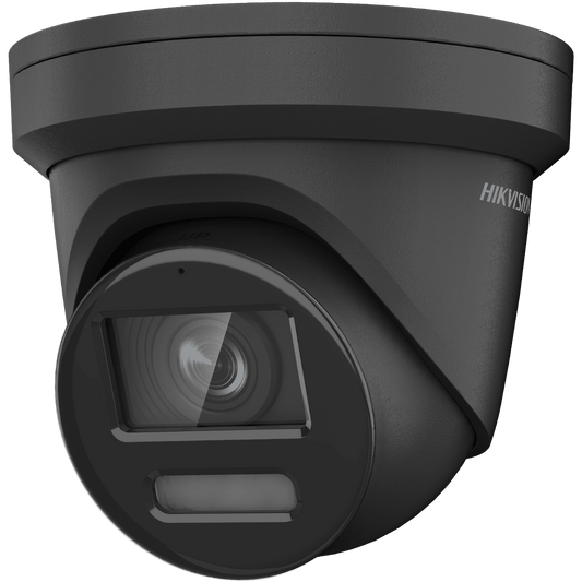 Cámara de torreta negra para exteriores Hikvision ColorVu&amp;AcuSense, 8 MP, 2,8 mm, LED blanco, micrófono (DS-2CD2387G2-LU 2.8MM-B)