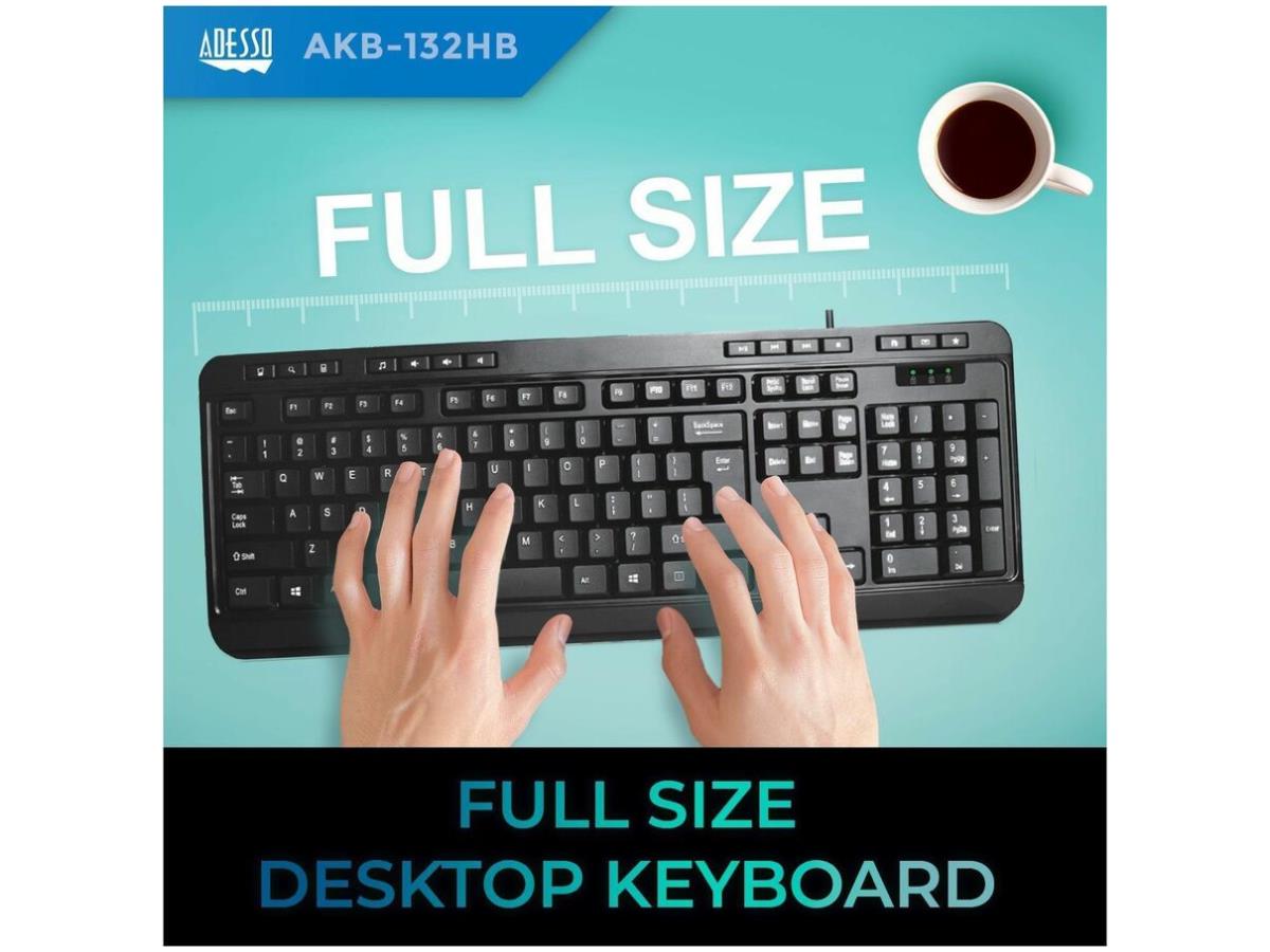 Adesso AKB-132HB Multimedia USB Keyboard with 3 Hubs, Black