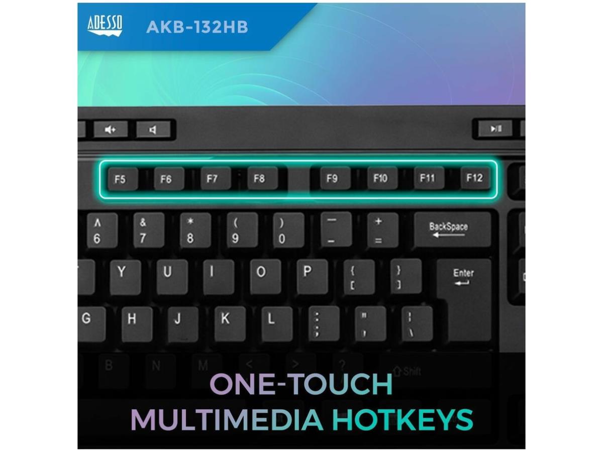 Adesso AKB-132HB Multimedia USB Keyboard with 3 Hubs, Black
