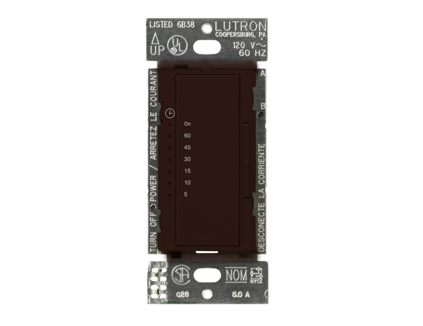 Lutron Maestro Countdown Timer 5-60 Min, Single Pole w/ Neutral, Brown (MA-T51MN-BR)