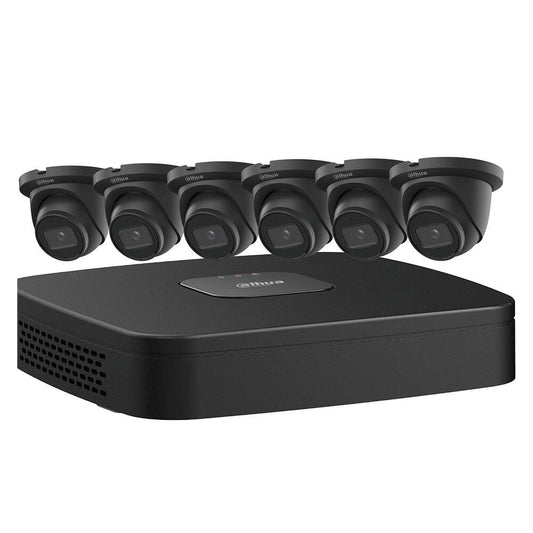 Kit IP Dahua NVR de 8 canales y 2 TB, 6 cámaras Starlight Mini Black Eyeball de 4 MP (NB484E62B)