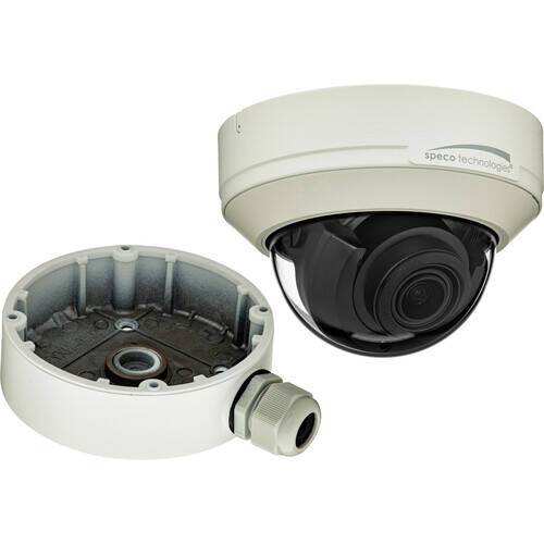 Caméra dôme IP Speco 4MP H.265 avec IR, WDR, objectif 2,8-12 mm, JBox, blanche, NDAA (SPE-O4VD2M)