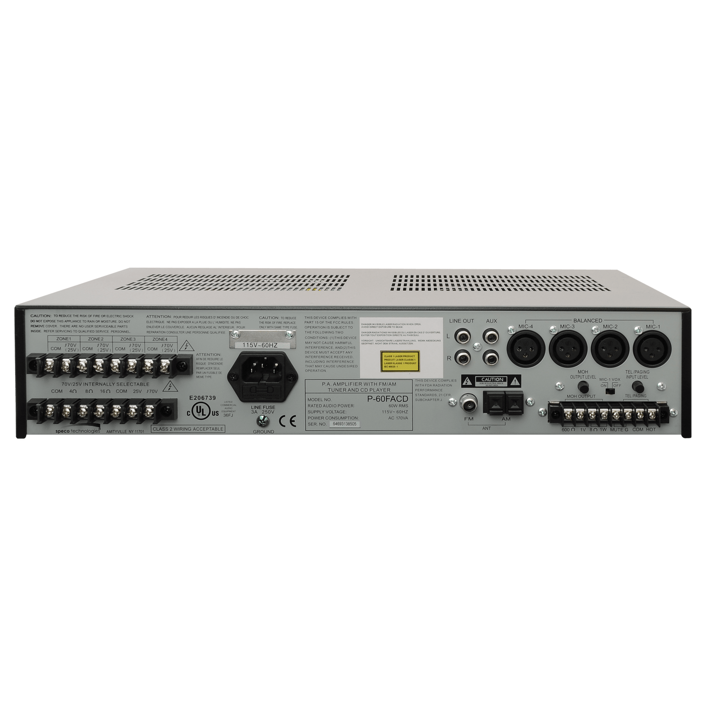 Speco 60W PA Amplifier with AM/FM Tuner and CD Player (SPE-P60FACD)
