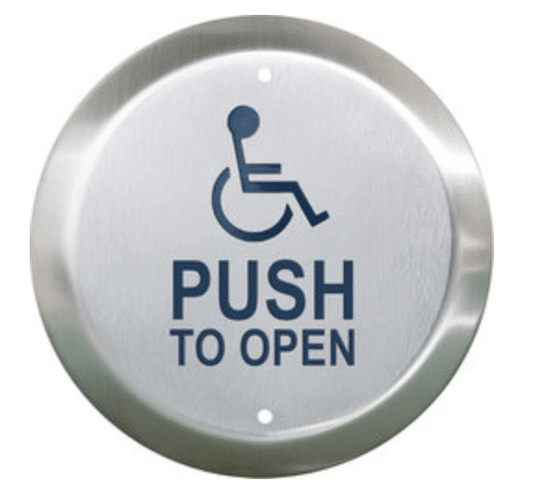 Camden 4 1/2" Round Push Plate Switch, WHEELCHAIR/PUSH TO OPEN, Blue (CM-40/4)