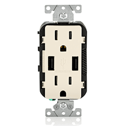 Leviton Decora Tamper Resistant Receptacle 125V 15A, 2 USB Charging Ports, Lt Al (T5632-T)
