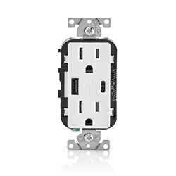 Leviton Receptacle Type A and C USB Charging,125V/15A, Tamper Resistant, White (T5633-W)