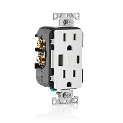 Leviton Receptacle Type A and C USB Charging,125V/15A, Tamper Resistant, White (T5633-W)