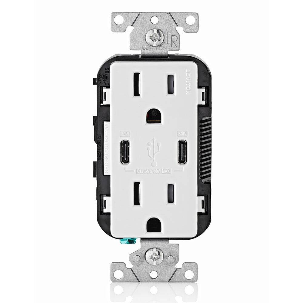 Leviton 120V 15A In Wall Receptacle with 2 x USB Type-C PD Charging Ports, White (T5635-W)
