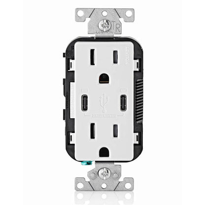 Leviton 120V 15A In Wall Receptacle with 2 x USB Type-C PD Charging Ports, White (T5635-W)