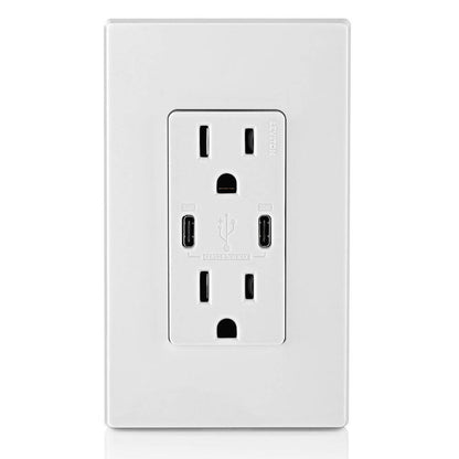 Leviton 120V 15A In Wall Receptacle with 2 x USB Type-C PD Charging Ports, White (T5635-W)